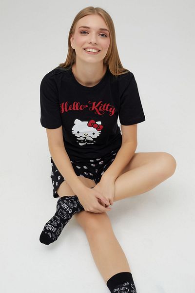 Hello Kitty Licensed Printed Crew Neck Short Sleeve with Shorts Black 100% Cotton Pajamas Set Roz-255