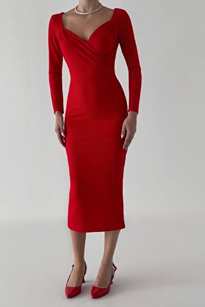Pissos Kadın Kruvaze Yaka Midi Boy Kırmızı Elbise