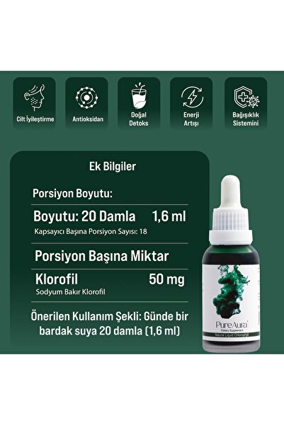 PURE AURA Pureaura %100 Doğal Likit Klorofil & Vitamin Gıda Takviyesi (2 ADET) (CHLOROPHYLL)