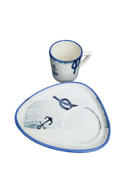 Ganita home Blue Marine Patterned Coffee Cup - with Presentation Plate, 100 Cc, Double Size, 2 Pieces