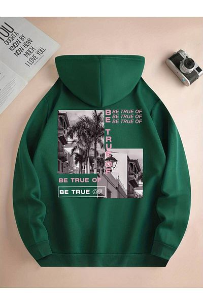 Keywest Be True Printed Unisex Oversize Χειμερινό φούτερ - 3 κλωστές, 100% βαμβάκι, κουκούλα
