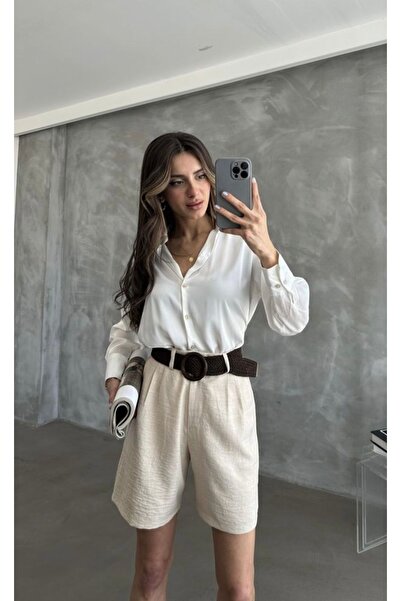 Pienk Kemerli Keten Kadın Bej Şort