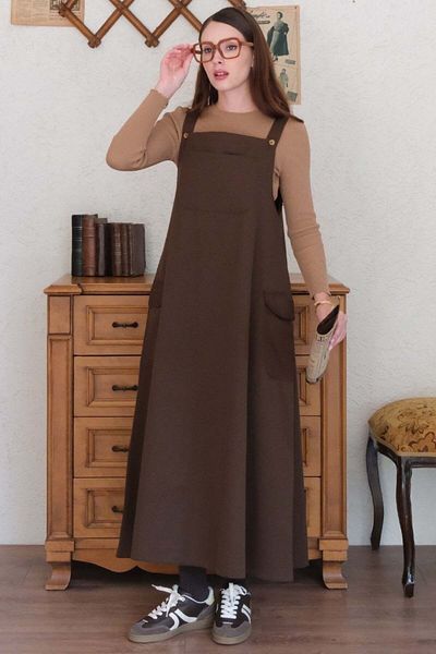 Ceylan Otantik Λινά Φούστα Ριγέ Milk Brown Πλεκτό Σώμα - Salopet