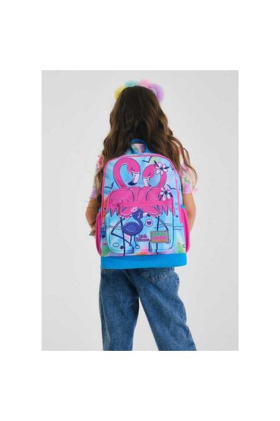 Coral High Kids Blue Pink Flamingo Patterned Four Compartment School Backpack 23730