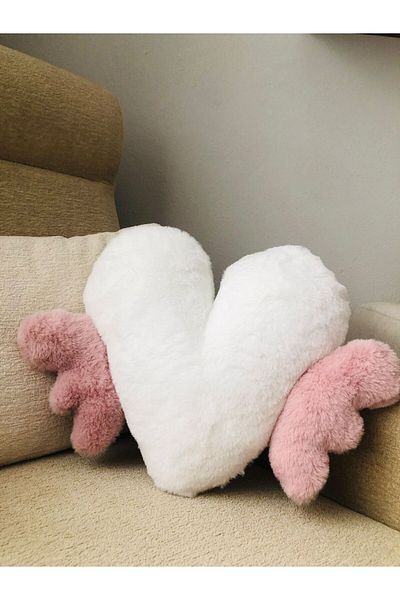 ONTİC Rabbit Hair Heart Winged Soft White Plush Pillow