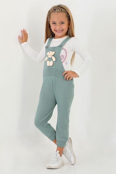zepkids Hanging Strap Buttoned Front Teddy Bear Cagla Green Color Salopet
