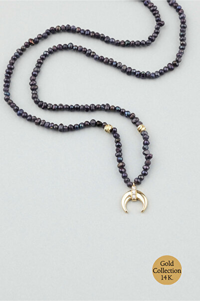 So CHIC... Hilal Figürlü İnci Taşlı 14 Ayar Altın Kolye