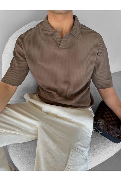 ablukaonline Ανδρικό μπλουζάκι Polo Neck Oversize με ραβδώσεις - Καφέ