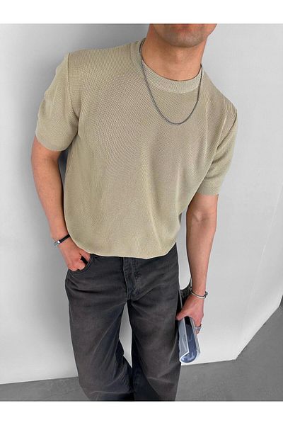 ablukaonline Μπεζ εύκαμπτο πλεκτό μπλουζάκι - Regular Fit, Crew Neck