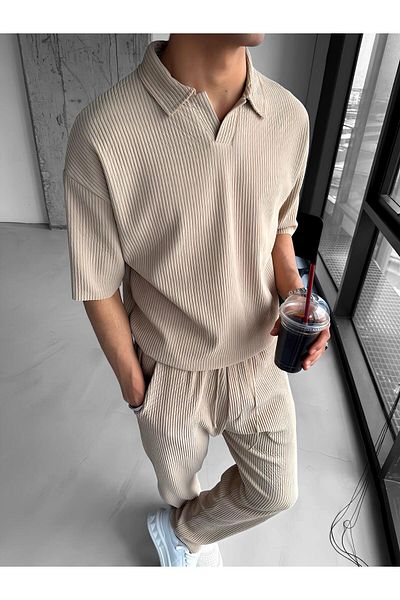 ablukaonline Μπεζ ανδρικό μπλουζάκι Polo Neck Oversize με ραβδώσεις