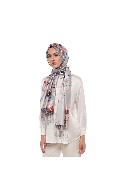 ipekevi Patterned Silk Shawl - Layered Peony Pattern - Silver