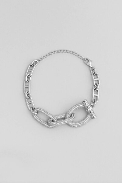 So CHIC... Argento Elegante 18 Ayar Beyaz Altın Kaplama 22 Cm Gümüş Tasarım Bileklik