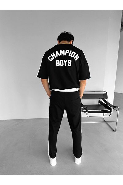 ablukaonline Tricou oversize pentru bărbați „Champion Boys” cu imprimeu negru