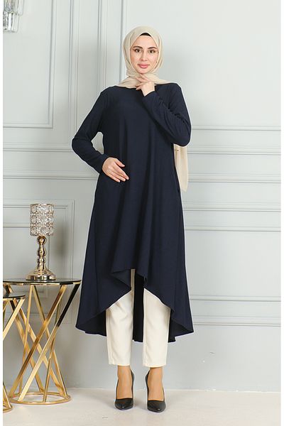 sefamerve Twisted Fabric Asymmetrical Cut Tunika 1032-01 Marineblau