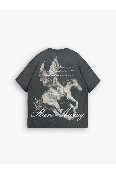 ablukaonline Ανδρικό μπλουζάκι Oversize Dark Grey Run Away με στάμπα από βαμβάκι