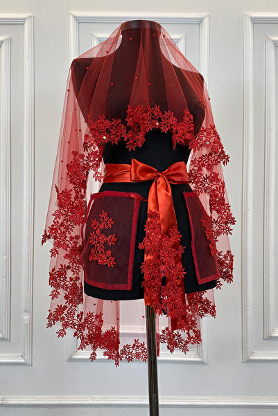 ZEYMERADE Kırmızı Gelin Duvak Seti, İnci Ve Parlak Taş Süslemeli Kına Gecesi ...