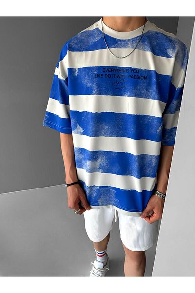 ablukaonline Μπλε ανδρικό μπλουζάκι Oversize ριγέ βαμβακερό - στρογγυλή λαιμόκοψη