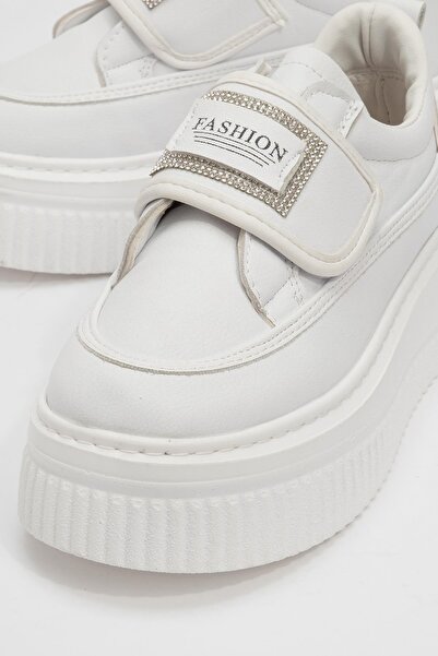 Ccway Cırtlı Taşlı Kadın Spor Ayakkabı BEYAZ BEYAZ