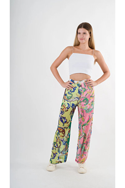 hazelin Women's Green Pink Patterned High Waist Wide Leg Trousers Hzl22S-Yy284