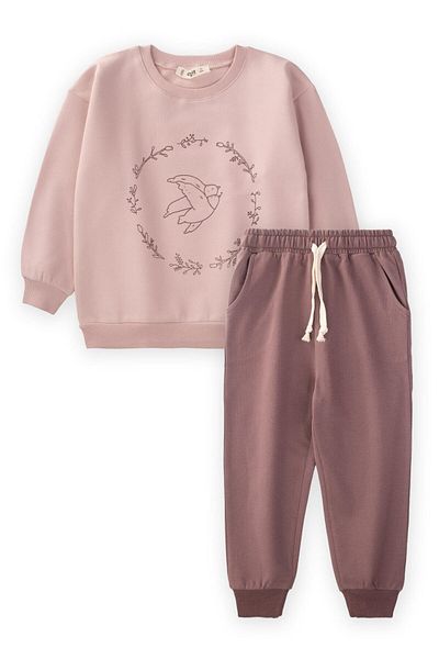 Cigit Powder Pink Bird Printed Sweatshirt and Suit Set for 2-10 Years Old Girls