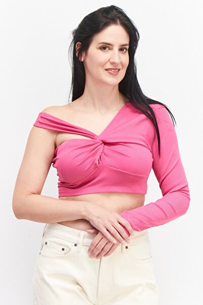 Sinsay بلوزة نسائية مضلعة برقبة على شكل عقدة وكتف واحد، وردية اللون