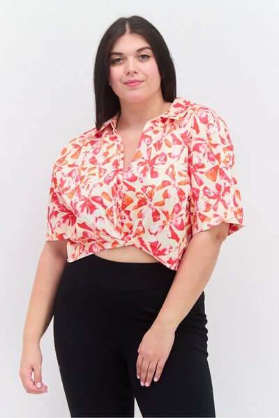 Royalty By Maluma Women Spread Collar Short Sleeves Allover Printed Crop Top, Beige