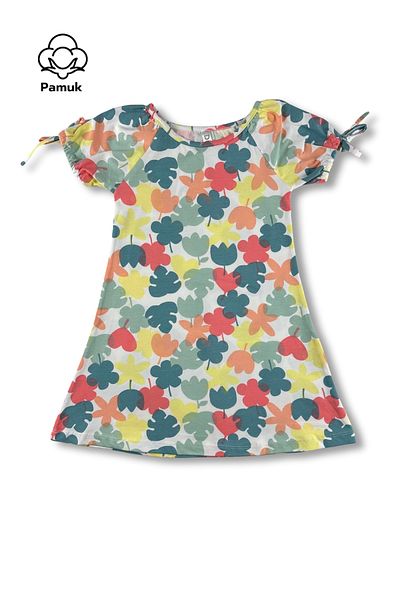 difa kids Leaf Patterned Comfortable Girl's Summer Dress with Balloon Sleeves