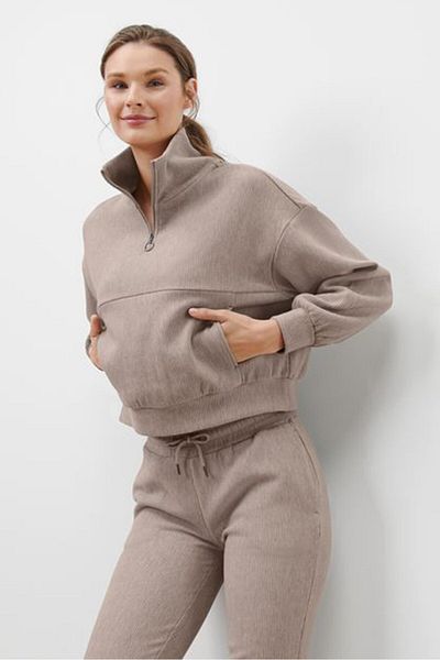 Tchibo Women Regular Fit Long Sleeves Ribbed Sweatshirt, Beige