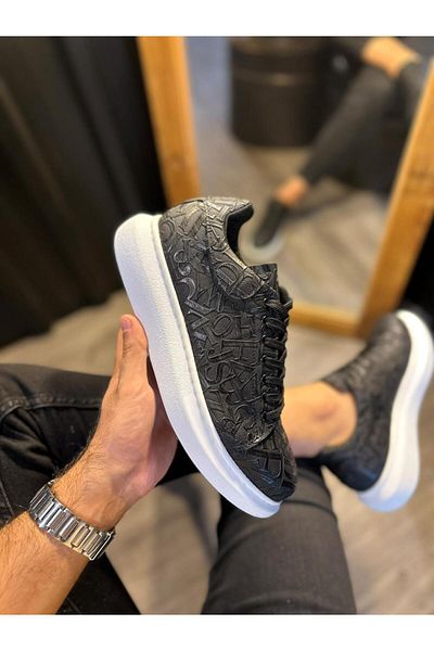 Knack High Sole Letter Patterned Casual Shoes 047 Black (White Sole)
