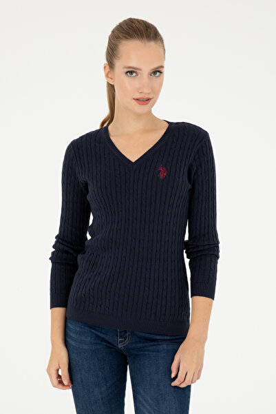 U.S. Polo Assn. Pulover de bază pentru femei, albastru bleumarin, cu decolteu în V 50293561-VR033