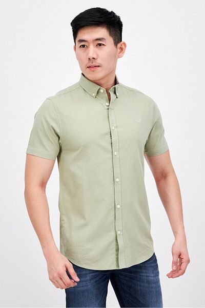 Threadbare Men Slim Fit Solid Short Sleeves Casual Shirt, Sage Green
