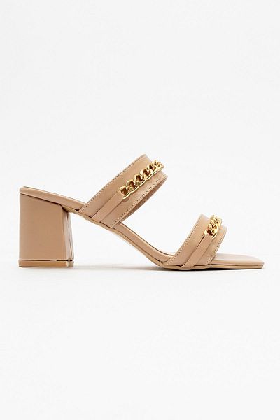 Ccway Nude Color Women's Heeled Chain Slippers