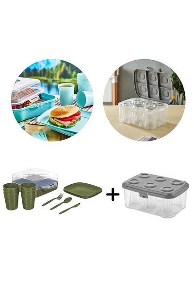 Piev Urve 6-Person Camping Travel Picnic Set and Tea Cup Carrying Apparatus Container 2 in 1 Green