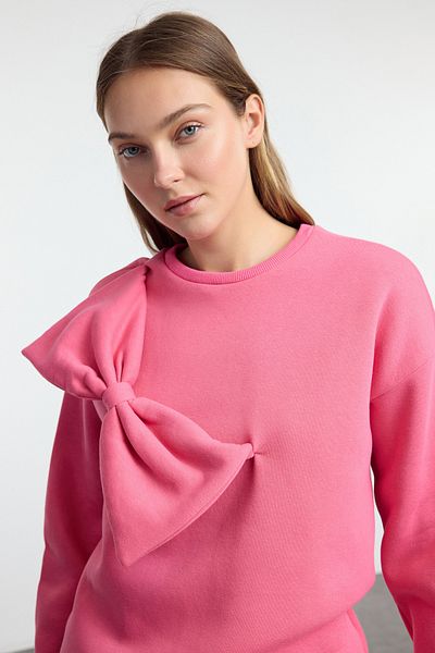Trendyol Collection Hanorac tricotat supradimensionat roz - decolteu subțire și panglică TWOAW25SW00093