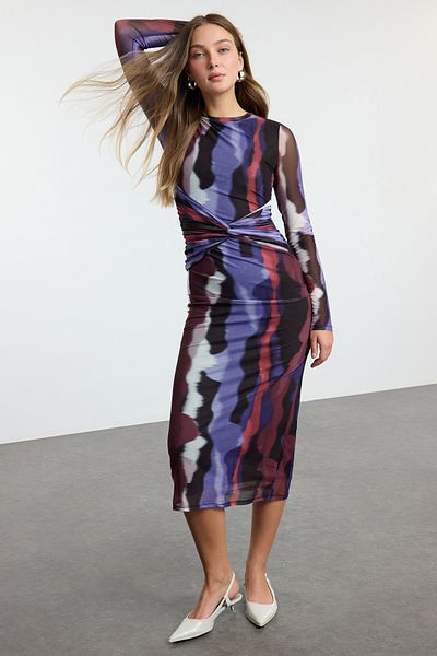 Trendyol Collection Colorful Maxi Knitted Dress - Abstract Tie Detail, Twoaw25el00401