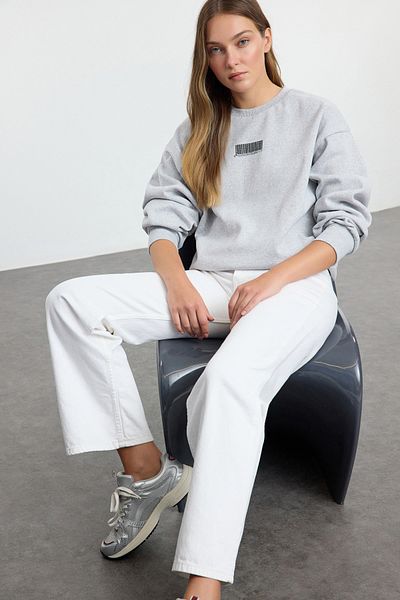 Trendyol Collection Fleece-Sweatshirt in Grau-Melange mit minimalem Muster und dicker Innenseite – Ballonärmel