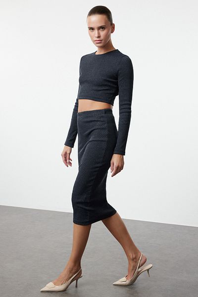 Trendyol Collection Rugalmas bordázott - Indigó Crop kerékpáros nyakruha TWOAW22AU0496