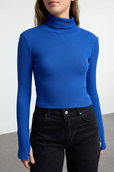 Trendyol Collection Přiléhavá roláková halenka Saks s detaily pro prsty, žebrovaná, pružná pletená halenka TWOAW21BZ0071