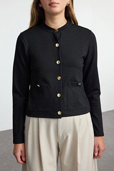 Trendyol Collection Crew Neck Black Jacket - Button Detailed, Regular Cut Twoaw25Ce00071