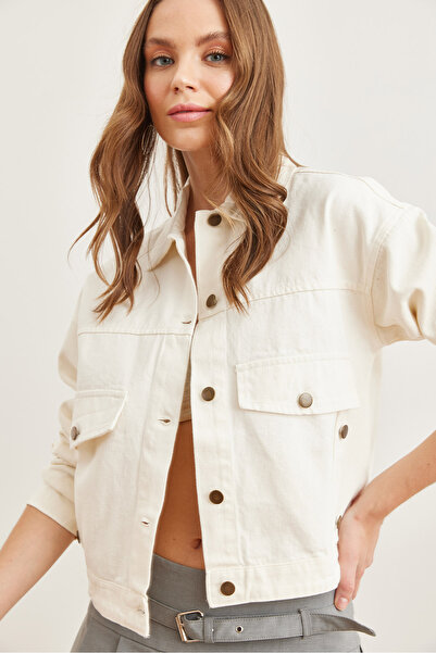 Olalook White Button Detailed Crop Cotton Jacket - Γυναικείο, Τσέπες, CKT- 19000383