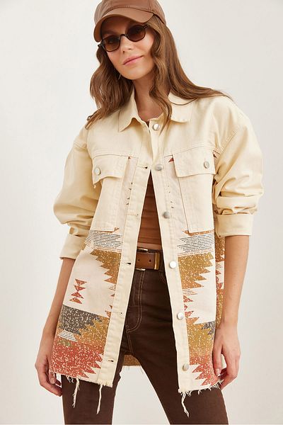Olalook Stone Tan Ethnic Patterned – Lange Baumwoll-Gabardine-Damenjacke mit Taschen CKT- 19000386