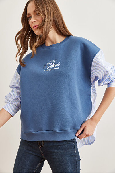 Olalook Kadın İndigo Kolu Sırtı Poplin Detaylı Kalın Sweatshirt SWT-19000669