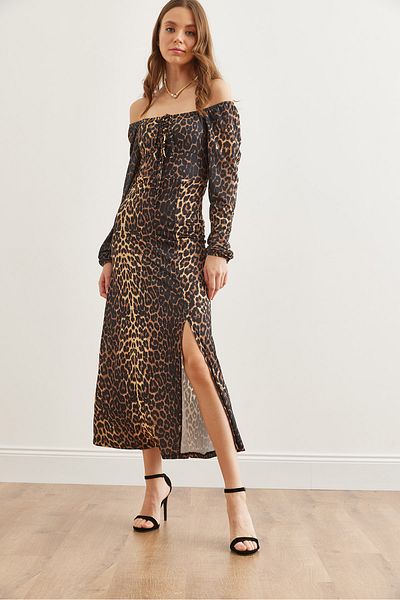 Olalook Μαύρο Maxi Leopard Φόρεμα - Καφέ Χρώμα, Δαντελένια Λεπτομέρεια και Σχιστό ELB- 19002264