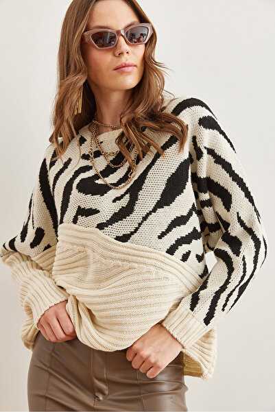 Olalook Ecru Zebra Detailed Women's Knitwear Sweater - Kzk- 19000819