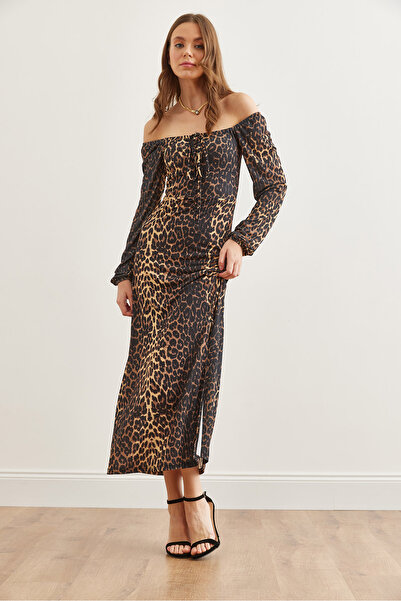 Olalook Kadın Siyah Kahve Bağcık Detaylı Yırtmaçlı Maxi Leopar Elbise ELB-19002264
