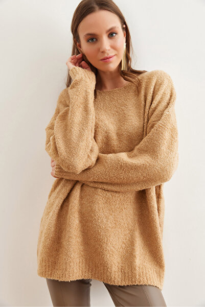 Olalook Дамски пуловер с мека текстура и мека текстура в камилски цвят - 19000828