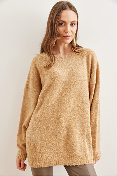Olalook Дамски пуловер с мека текстура и мека текстура в камилски цвят - 19000828
