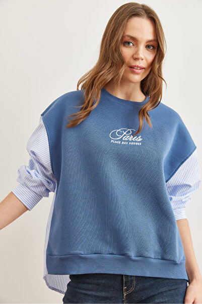 Olalook Kadın İndigo Kolu Sırtı Poplin Detaylı Kalın Sweatshirt SWT-19000669