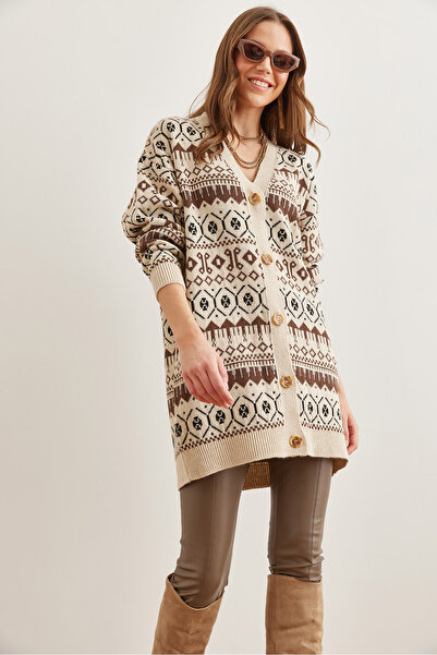 Olalook Ethnic Patterned Stone Brown Oversize Knitwear Women's Cardigan - Hrk- 19000300