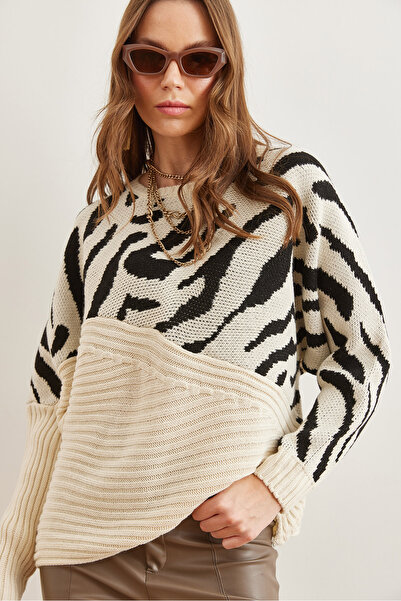 Olalook Ecru Zebra Detailed Women's Knitwear Sweater - Kzk- 19000819